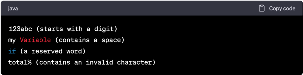 Invalid Identifiers example